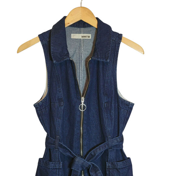 TOPSHOP MOTO Blue Denim Mini Dress Sleeveless Zip Up Front Belted Tie Waist 10 - Picture 2 of 13